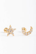 Broquel de oro sólido 14K Estrella y luna con zirconia 0.6 cm