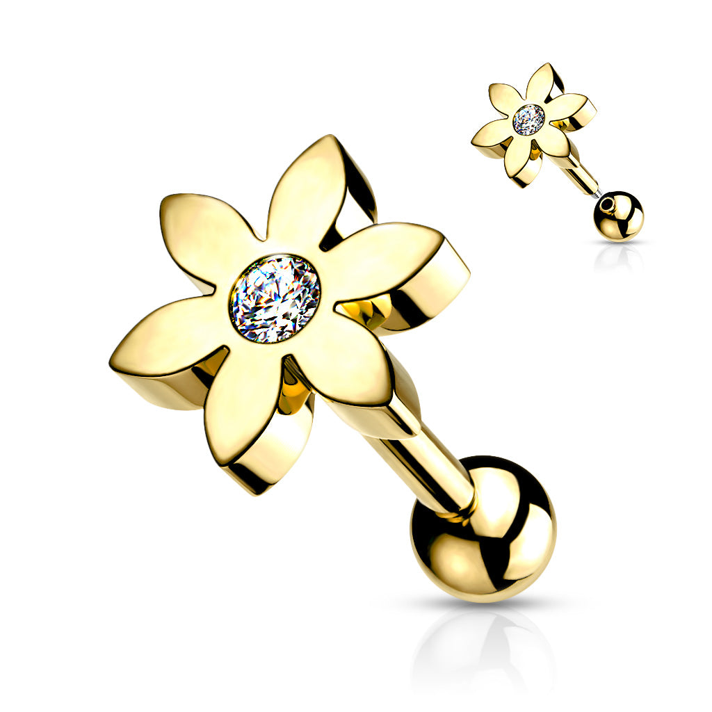 Piercing Dorado Flor Lisa con Zirconia