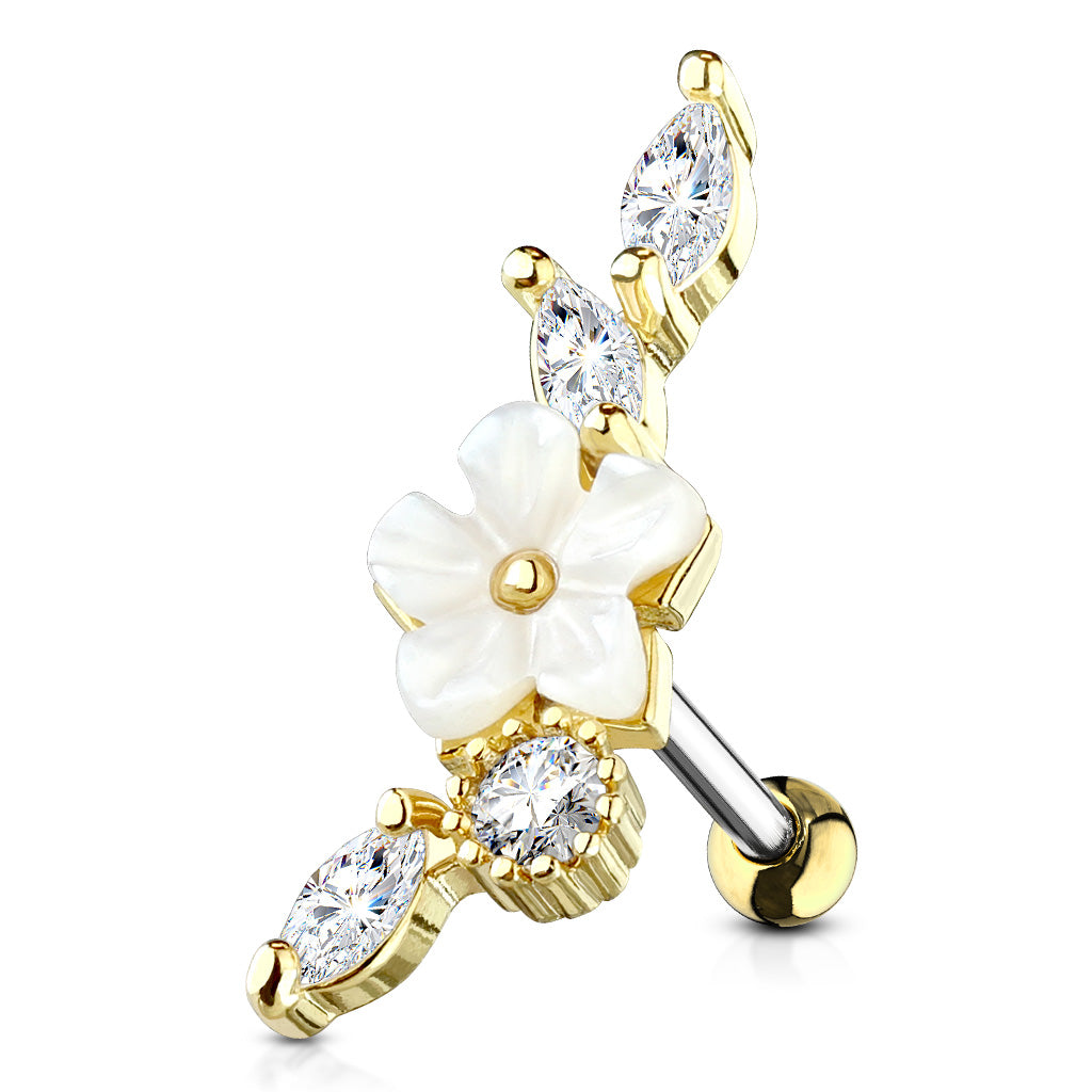 Piercing Dorado Flor Blanca Curva con Zirconia